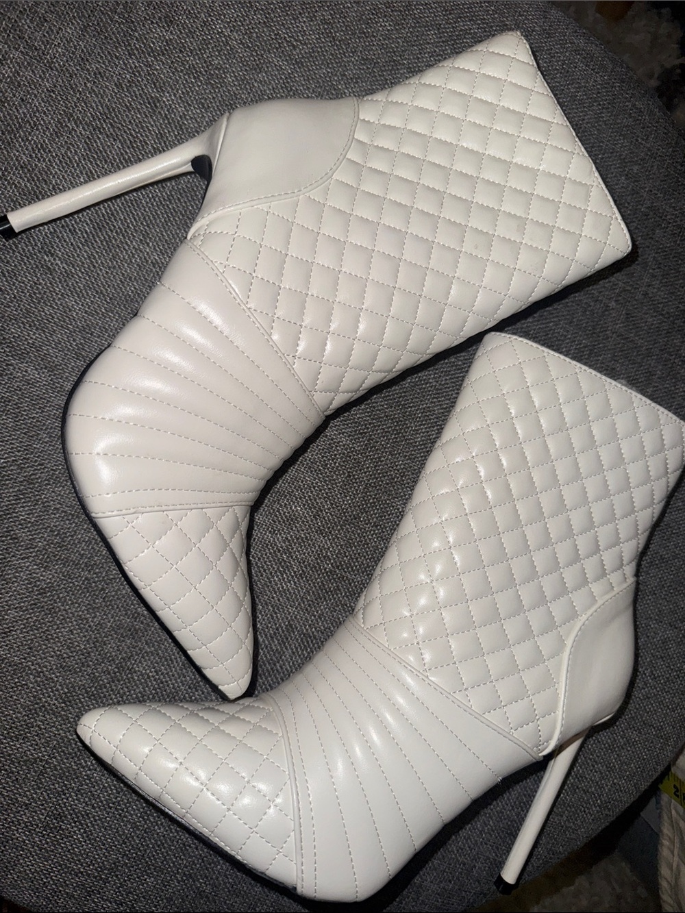 Rouge! White Quilted Pointed-Toe Stiletto Ankle Boots
